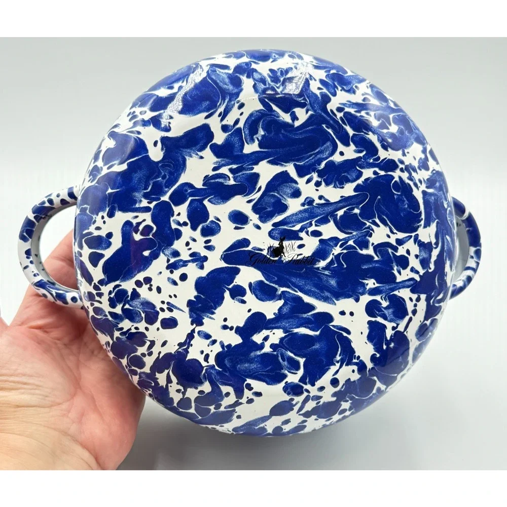 Golden Rabbit Cobalt Blue Swirl Enamelware Dutch Oven Pot Spatterware 2.5 Quart